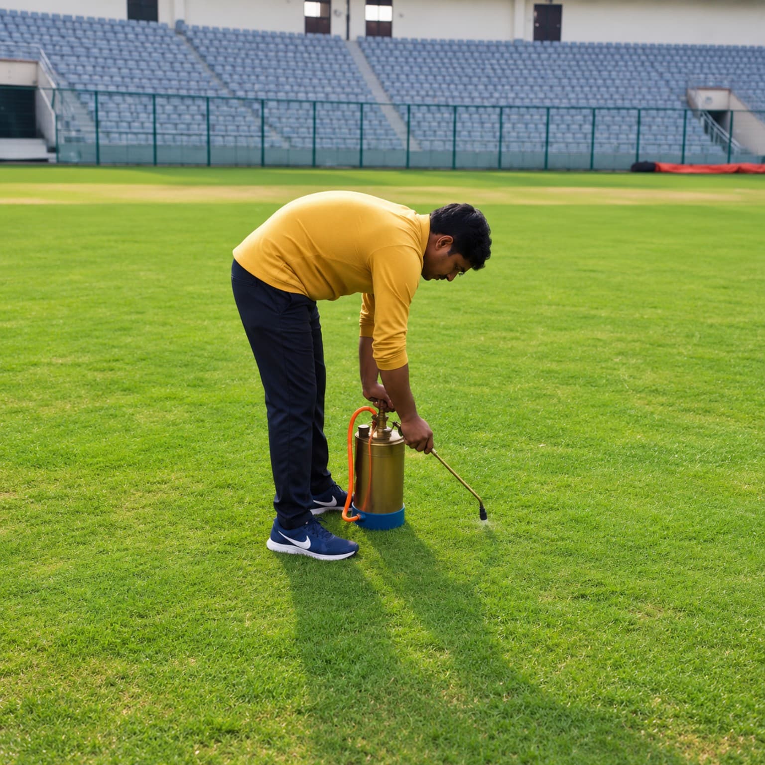 Vansh Pest Control technician applying targeted turf management formulation on stadium sports field