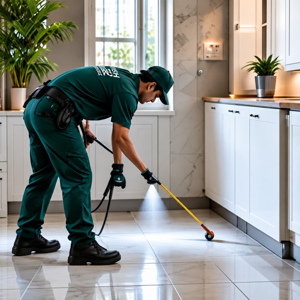 Technician performing targeted precision indoor pest treatment