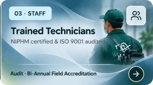 03 Staff - Trained Technicians: NIPHM certified & ISO 9001 audited. Audit: Bi-Annual Field Accreditation