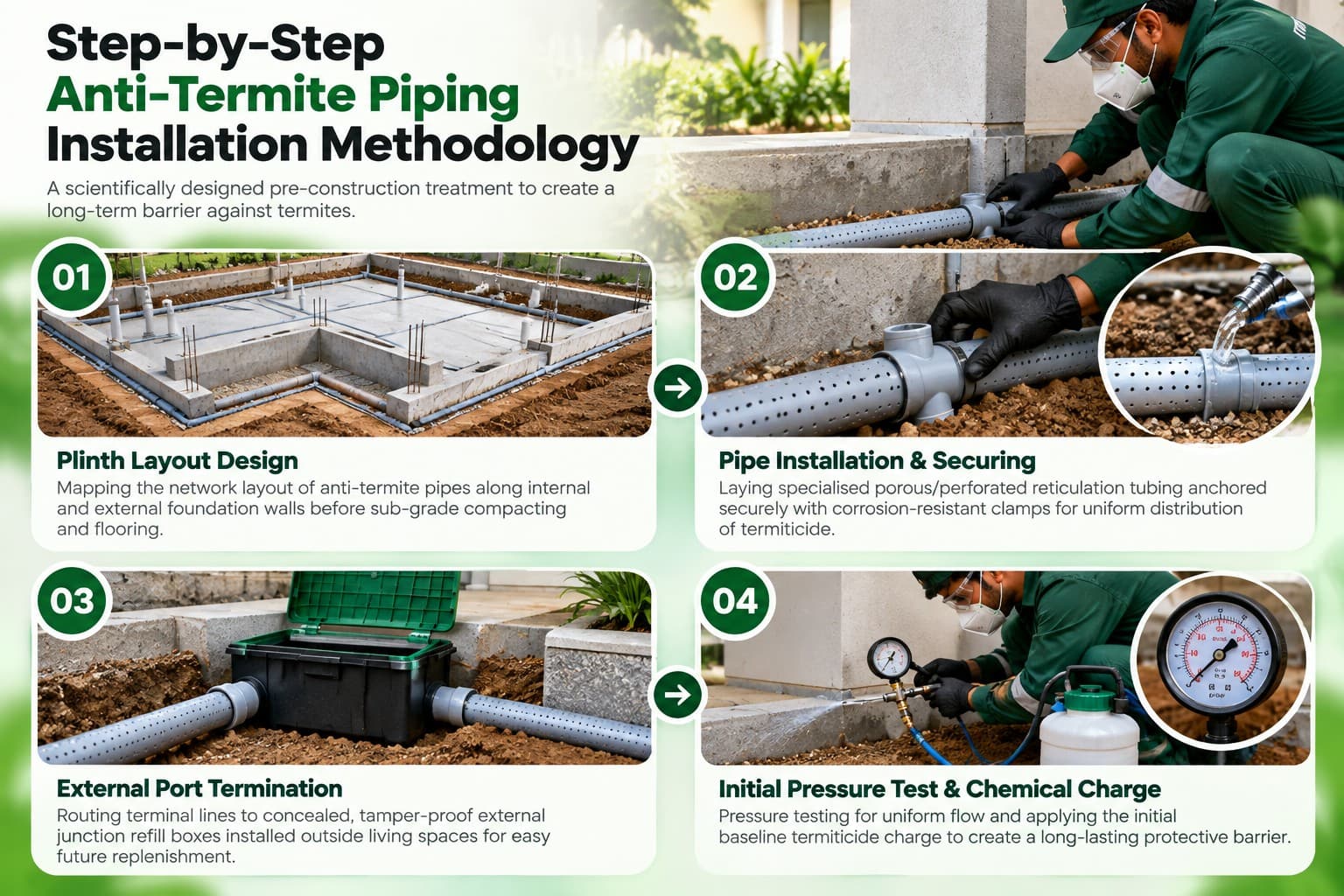 Step-by-step anti-termite piping installation methodology showing plinth layout, pipe installation, port termination and pressure testing.