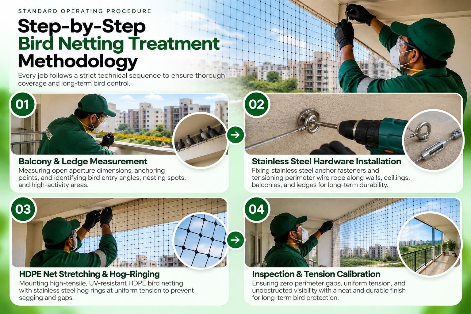 Step-by-step bird netting installation methodology showing measurement, hardware installation, net stretching and final inspection.