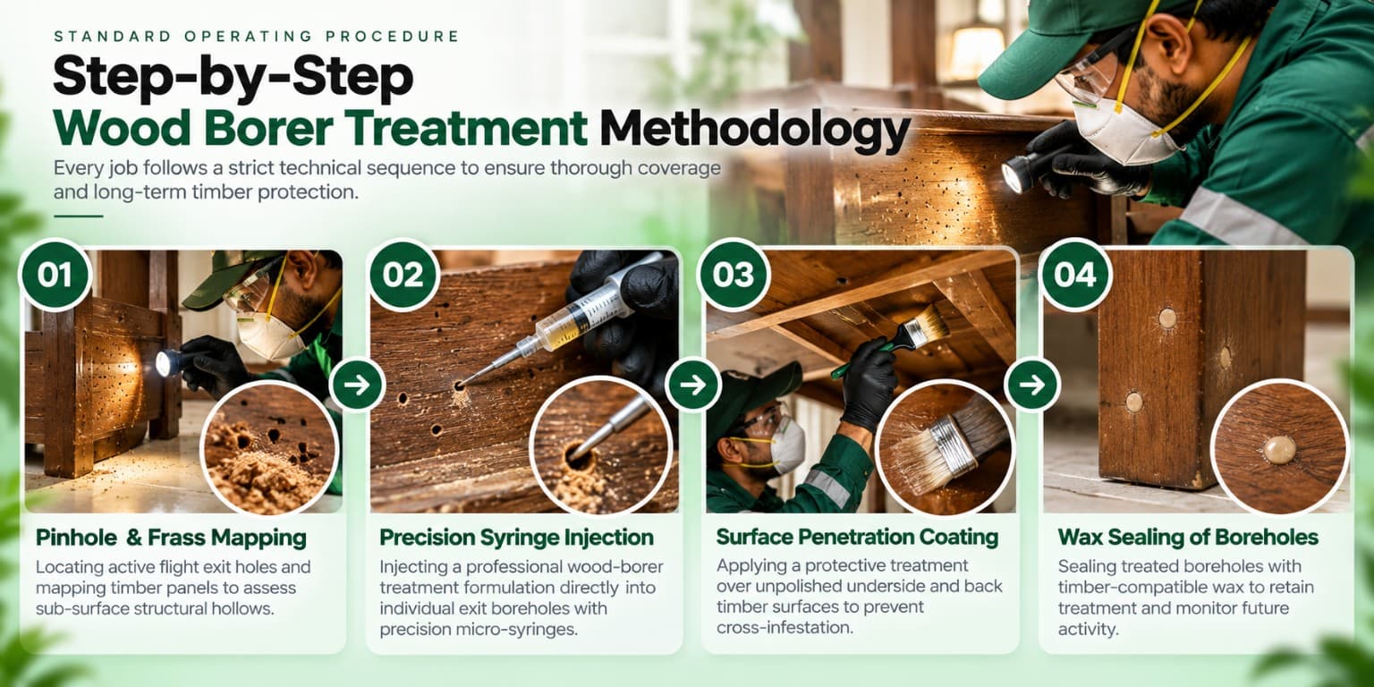 Step-by-step wood borer treatment methodology showing timber inspection, injection, surface treatment and borehole sealing.