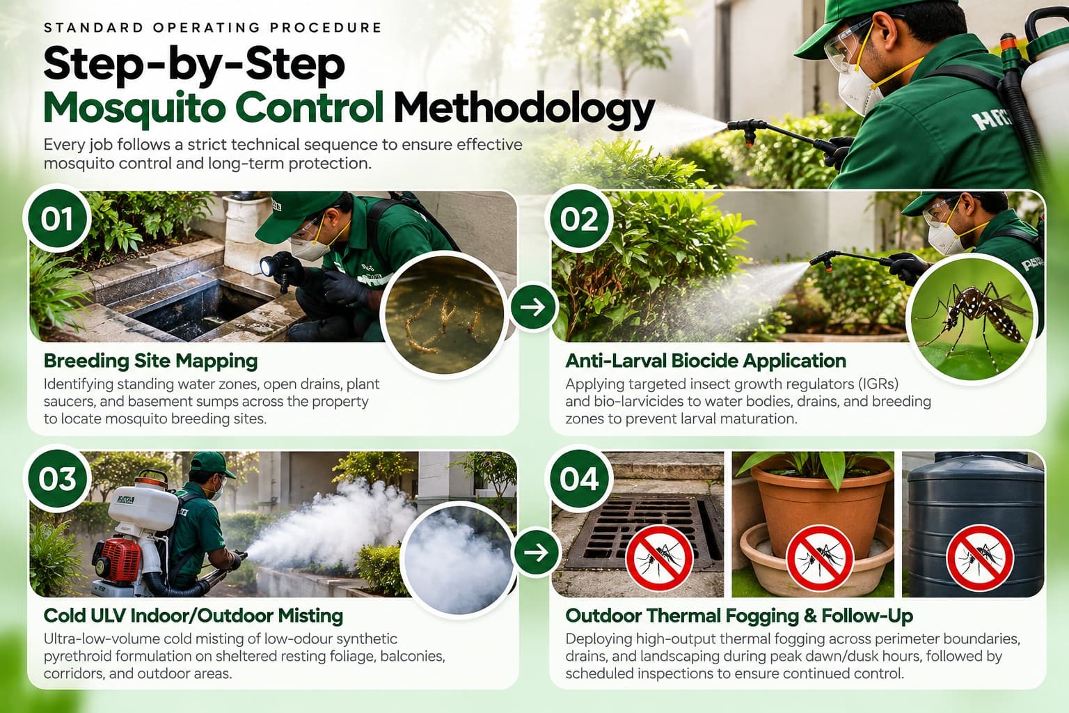 Step-by-step mosquito control treatment methodology showing breeding-site inspection, larval control, misting and follow-up.