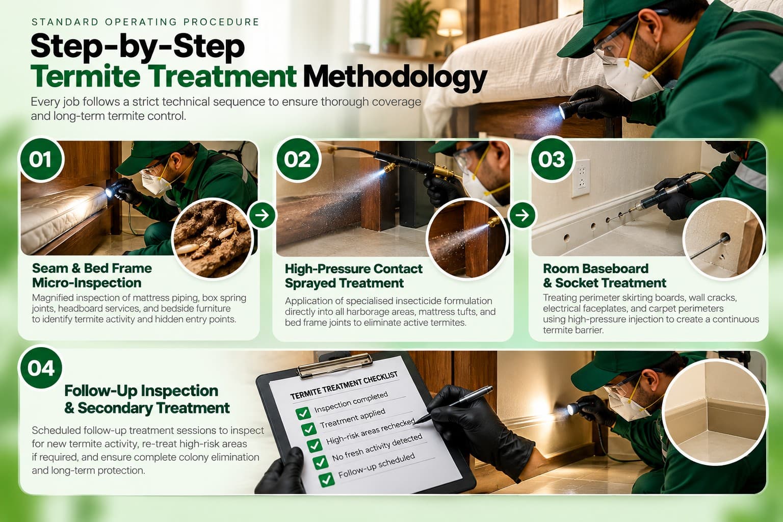 Step-by-step termite treatment methodology showing inspection, treatment application and follow-up procedures.