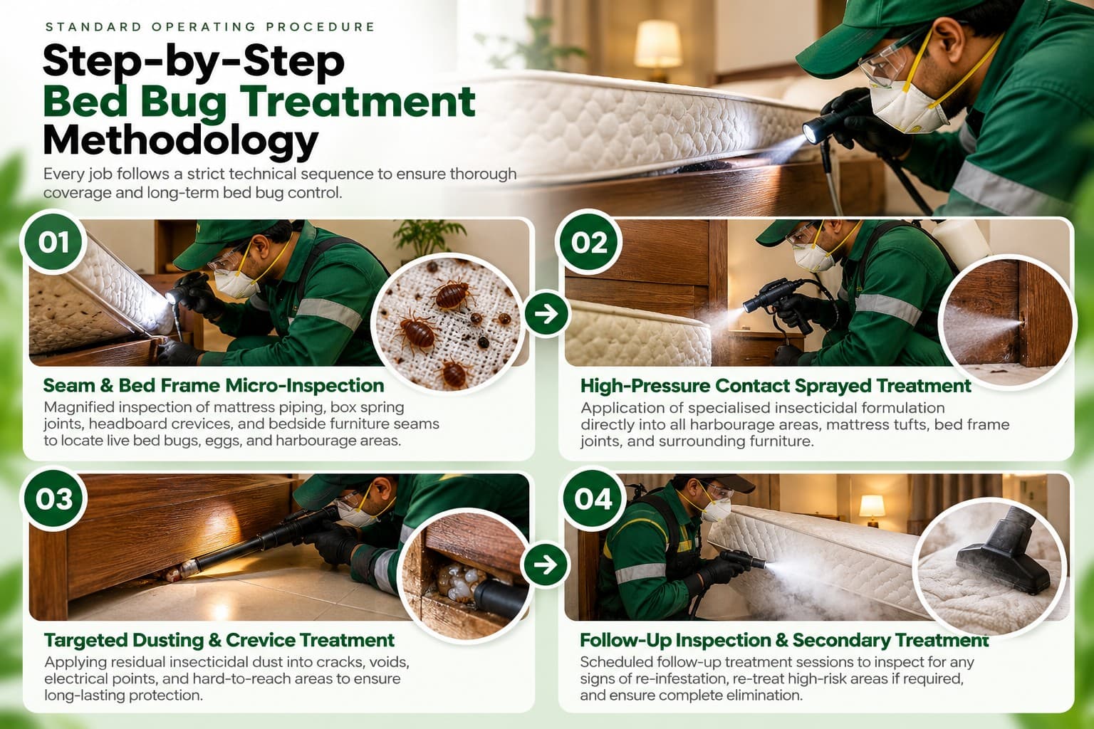 Step-by-step bed bug treatment methodology showing inspection, treatment and follow-up procedures.