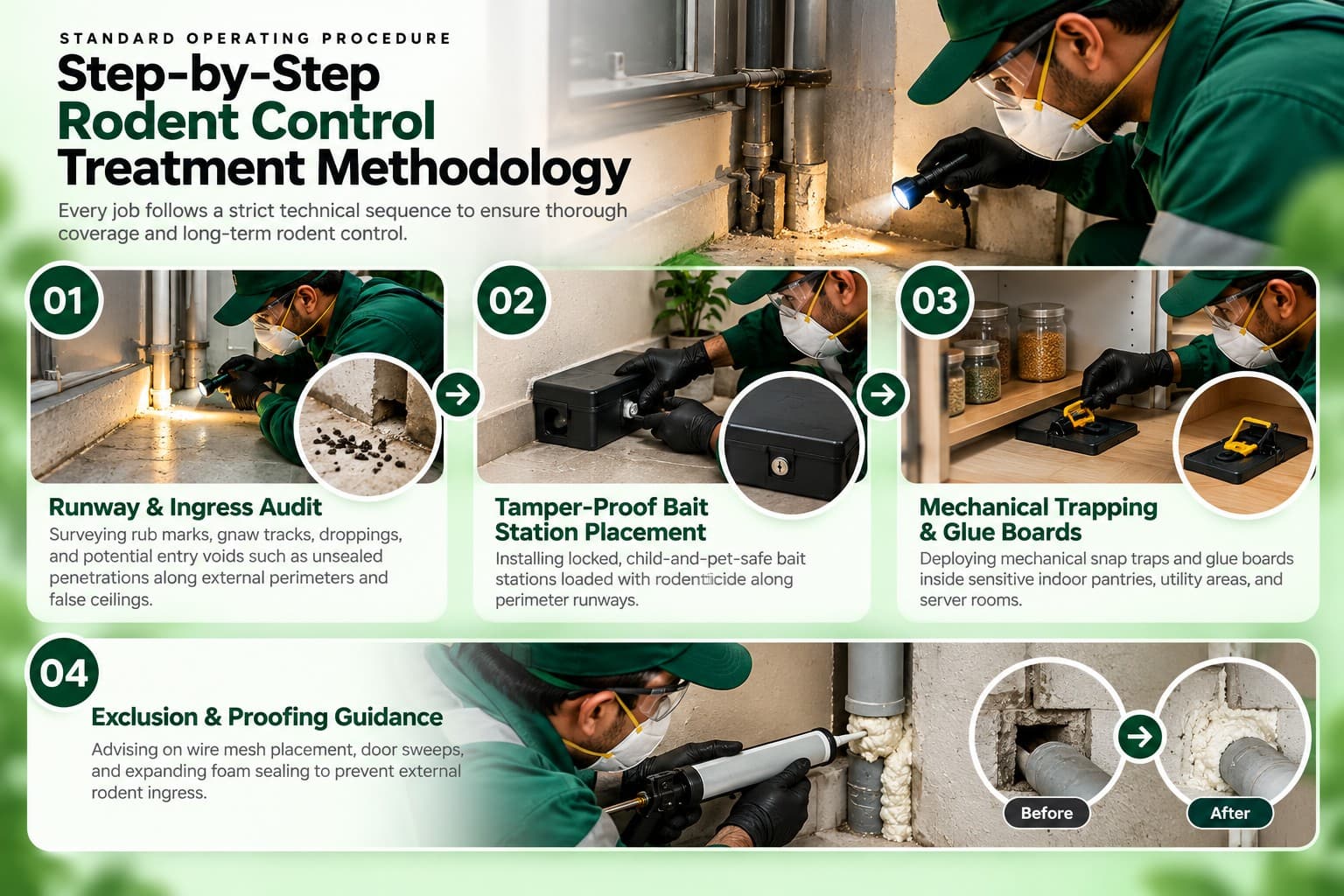 Step-by-step rodent control treatment methodology showing inspection, bait station placement, trapping and exclusion guidance.