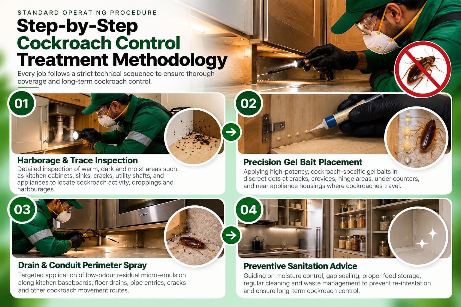 Step-by-step cockroach control treatment methodology showing inspection, gel bait placement, perimeter treatment and sanitation guidance.