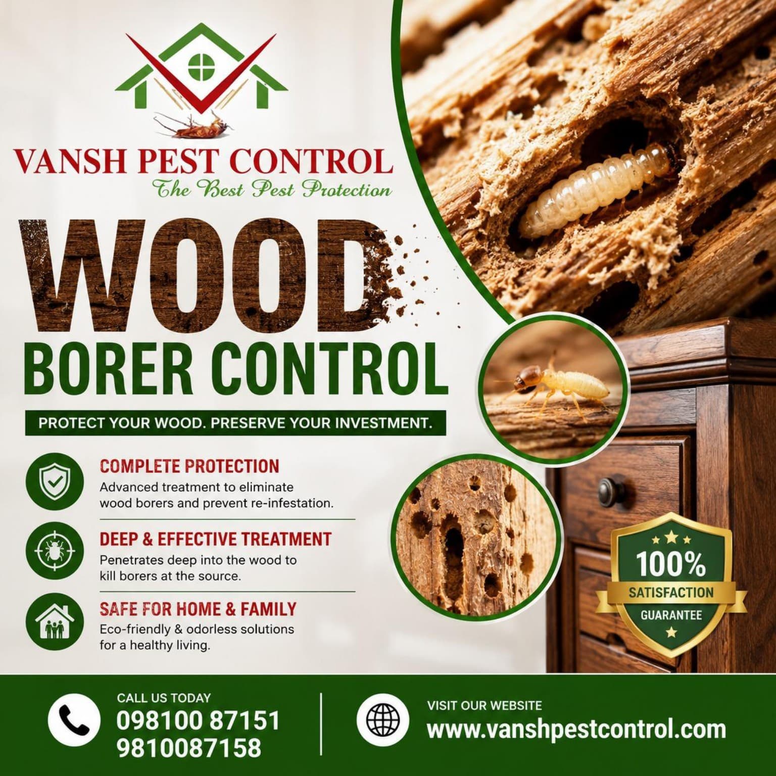Wood Borer Control service poster — Vansh Pest Control